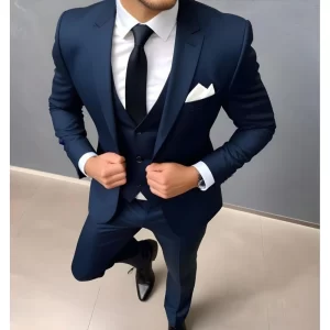 New Navy Men Suits 3 Piece Jacket Pants Vest Full Sets Single Breasted Notch Lapel Slim Fit Wedding Costume Homme