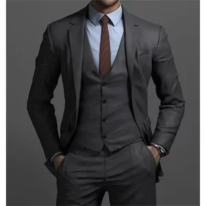 Slim Fit Dark Grey Suits for Men 3 Piece Single Breasted Notch Lapel Full Sets Wedding Jacket Pants Vest Customized