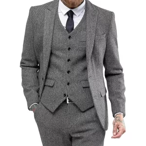 Vintage Herringbone Suit for Men 3 Pieces Blazer Vest and Pant Set Classic Tuxedo Set for Wedding Business Evening Party