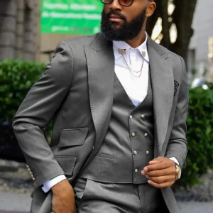 Slim Fit Men Suits with Double Breasted Vent Peaked Lapel African Wedding Tuxedo for Groom 3 Pcs Male Fashion Jacket+Vest+Pants