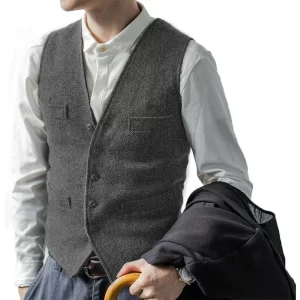 Plus Size Men's Suit Vest Brown Herringbone Wool Tweed Business Waistcoat Steampunk Vest Lapel Collar For Groomsmen Wedding Vest