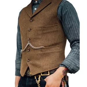 Men's Vest Brown Wedding Wool Tweed Business Waistcoat Jacket Casual Slim Fit Steampunk Vests For Groosmen Man Wedding
