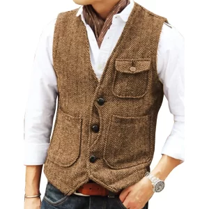 Leisure Men's Suit Vest Business Slim Fit V-neck Vests Woolen Steampunk Herringbone Waistcoat Groomsmen Suit Vest For Wedding
