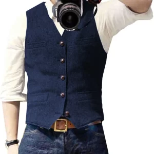 Men's Casual Suit Vest Slim Fit Herringbone Tweed Vintage Steampunk Waistcoat Formal Business Vests For Wedding