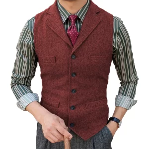 Waistcoat Men Suit Vest Lapel V Neck Wool Houndstooth Casual Formal Business Steampunk Vest Groomman For Wedding Prom Best Man