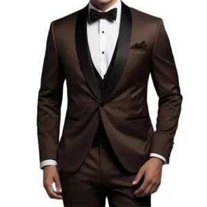 High Quality Customized Brown Men's Suits One Button Shawl Lapel Slim Fit Wedding Prom 3 Piece Jacket Pants Vest Male Clothing