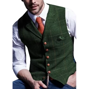 Gentleman Men's Army Green Vest Plaid Soft Wool Jacket Tweed Business Waistcoat Steampunk Blazer For Wedding Groom