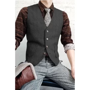 Men's Brown Tweed Woolen Vests V Neck Single Breasted Jacket Casual Slim Fit Steampunk Vest Vintage Waistcoat For Grooms Wedding
