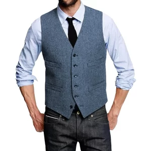 Men's Suit Vest Slim Fit V-neck Woolen Splicing Vests Herringbone Steampunk Waistcoat Business Groomsmen Suit Vest