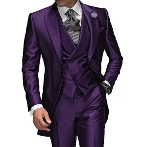 Dark Purple Peak Lapel Single Breasted Men Wedding Suits Groom Tuxedo For Men Prom Suits Groomsman Jacket+Pant+Vest